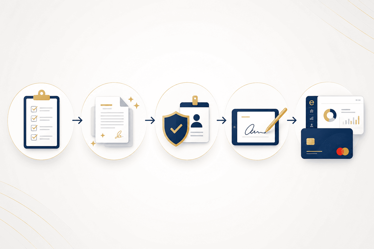 Illustrated flow: questionnaire, auto-generated agreements from templates, identity verification before signing, electronic signing, then portal and card access.